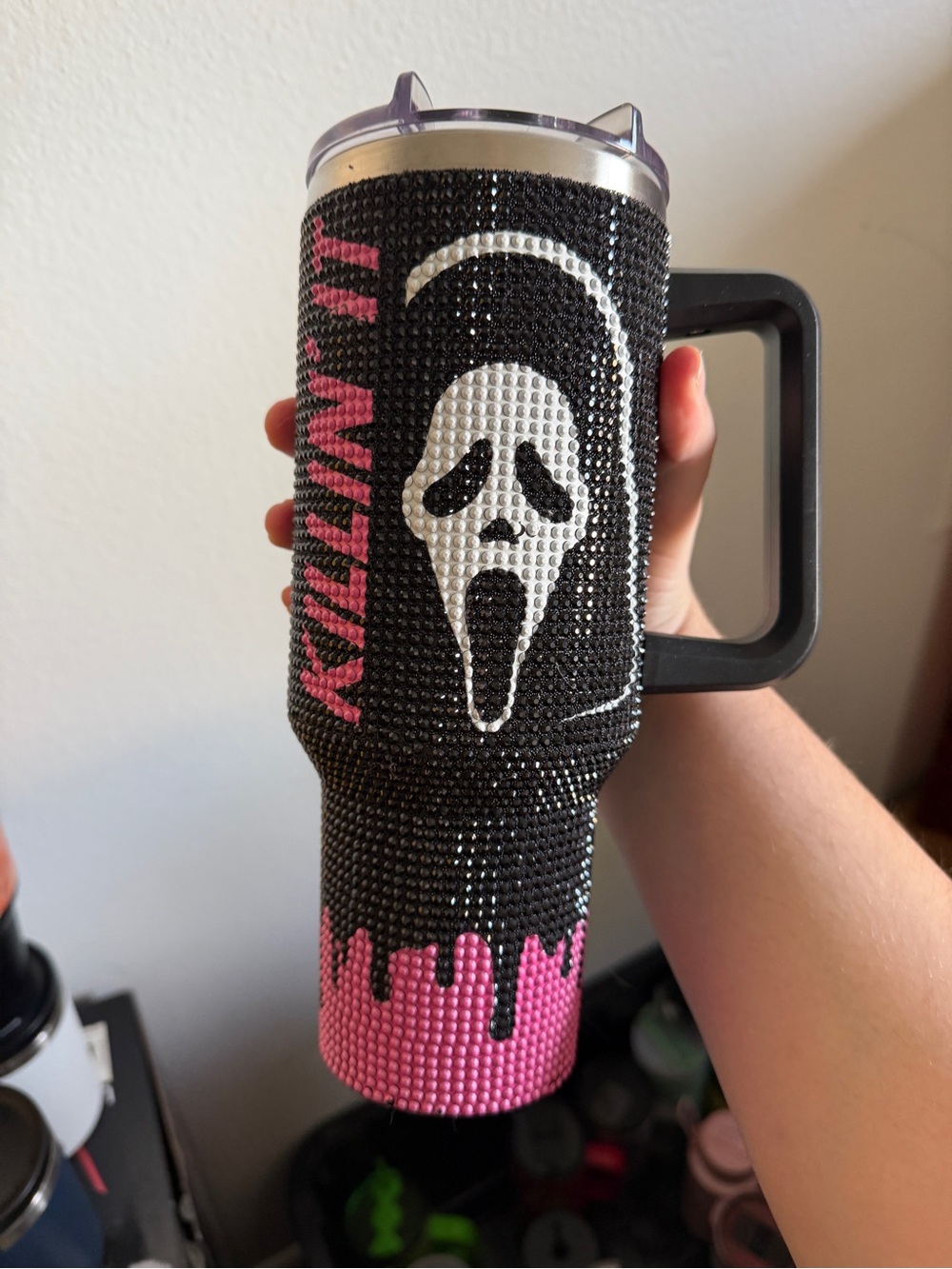 Scream Mask Rhinestone Tumbler - Black & Pink
